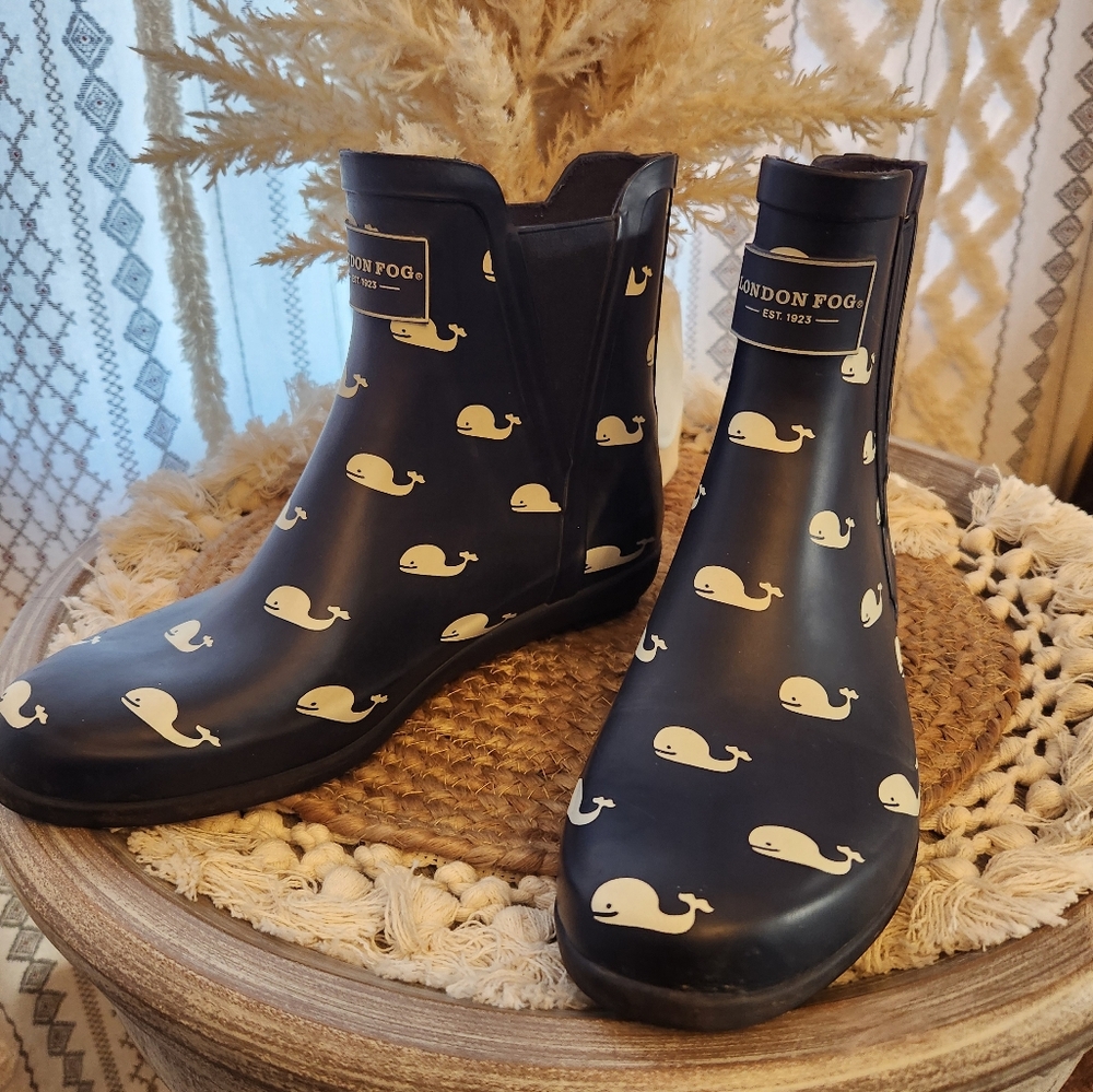 London Fog Piccadilly Rubber Rain Boots Navy Blue Whales Size 7 Style Oh,Whale